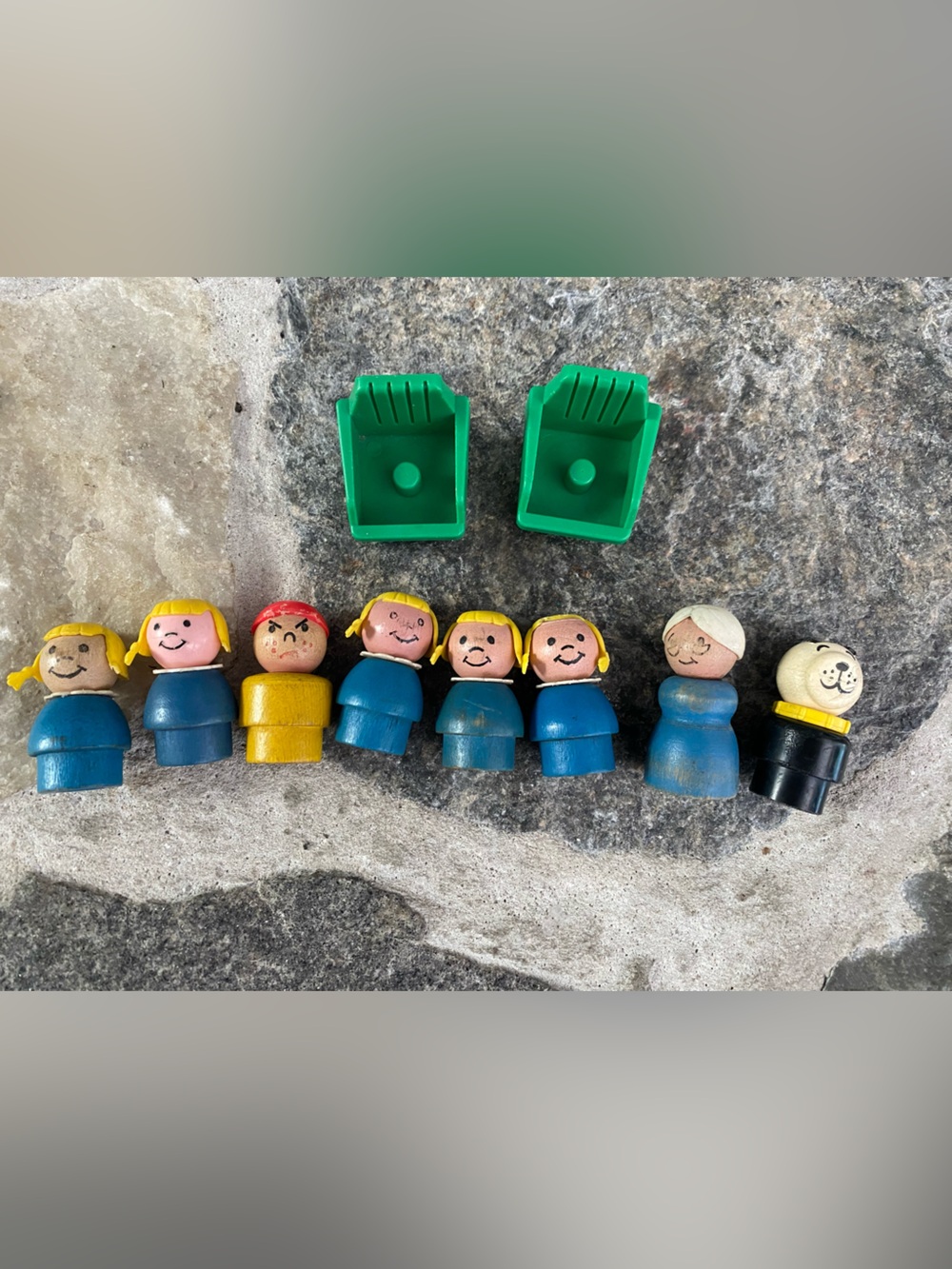 Vintage Fisher Price Wood Little People damaged and green chairs